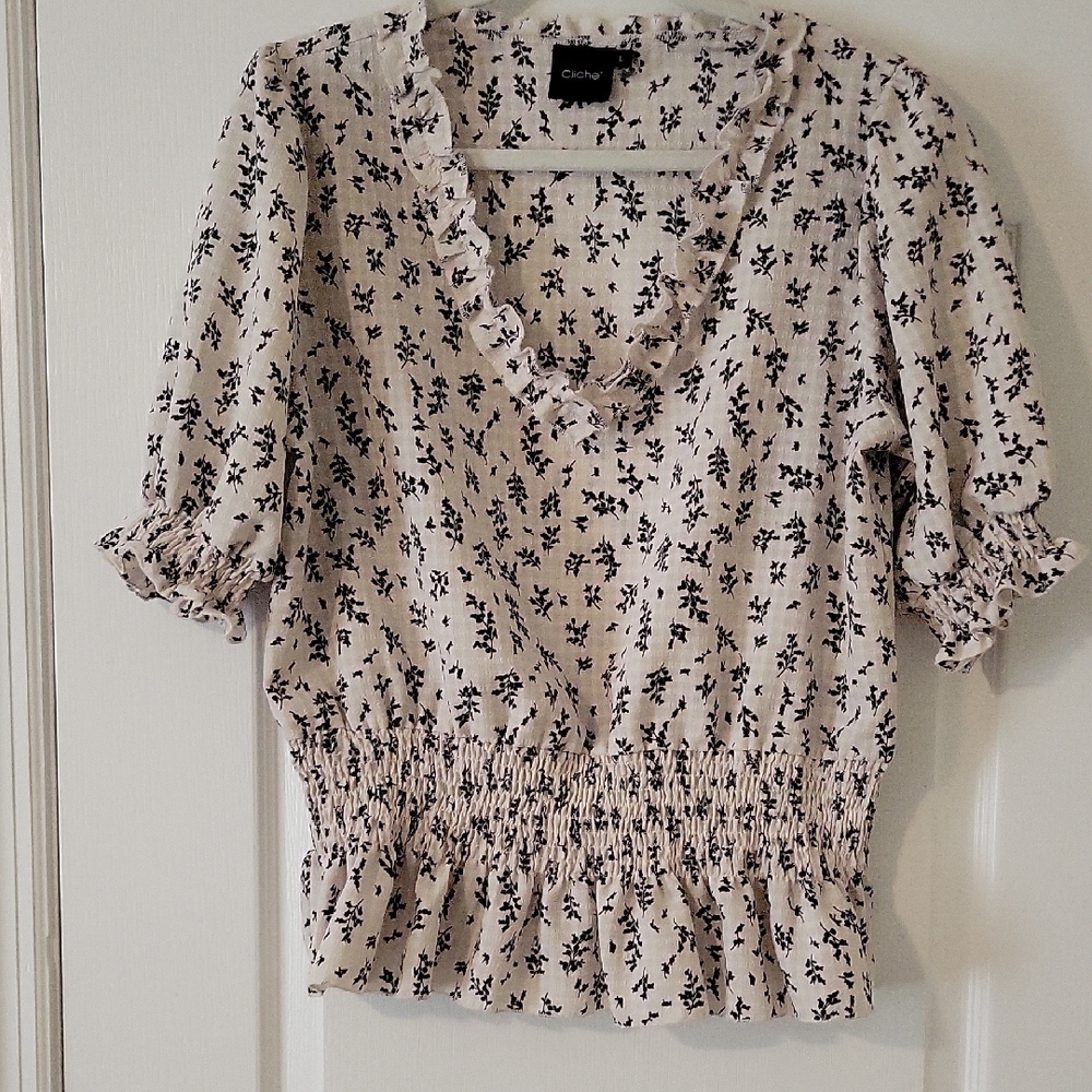 Cliché Floral Smocked Waist Blouse | Cottagecore Boho Top | Size L